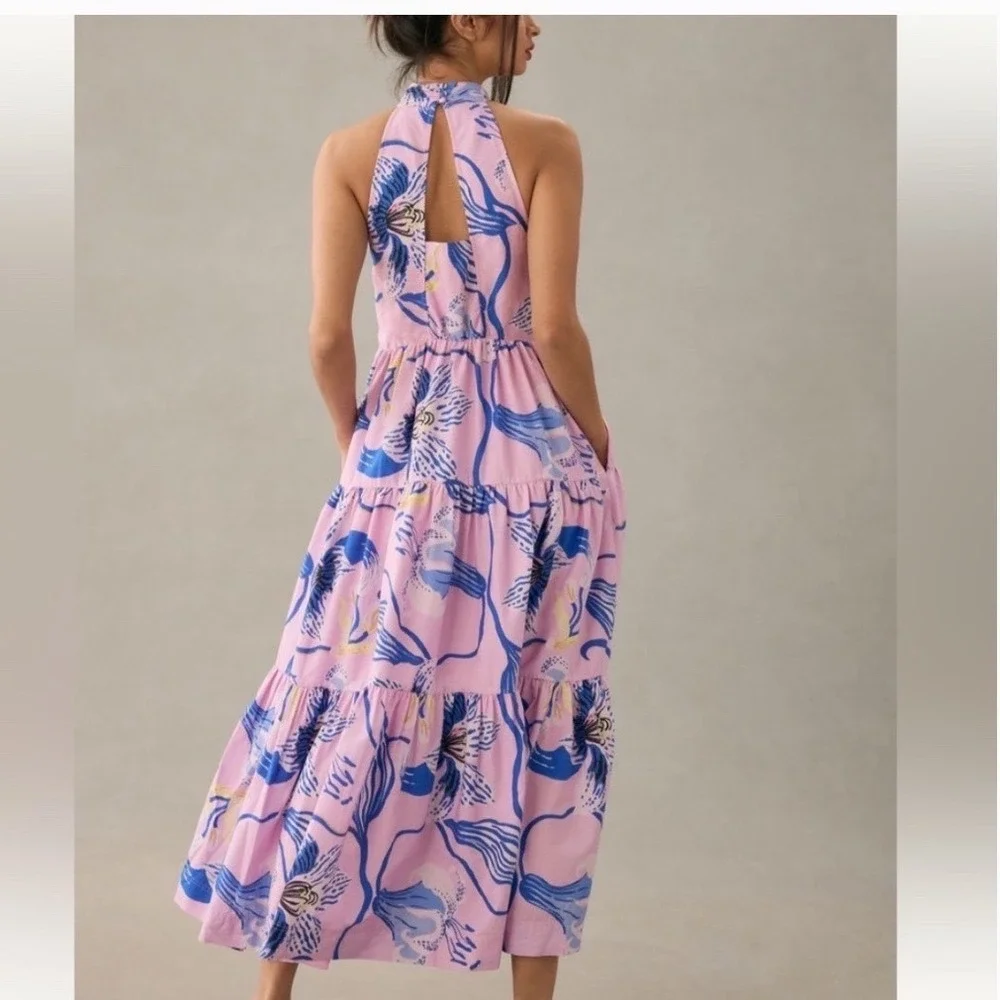 Anthropologie Sarah Gordon for Maeve Pink Blue Floral Halter Maxi Dress Size 8 - Picture 2 of 14